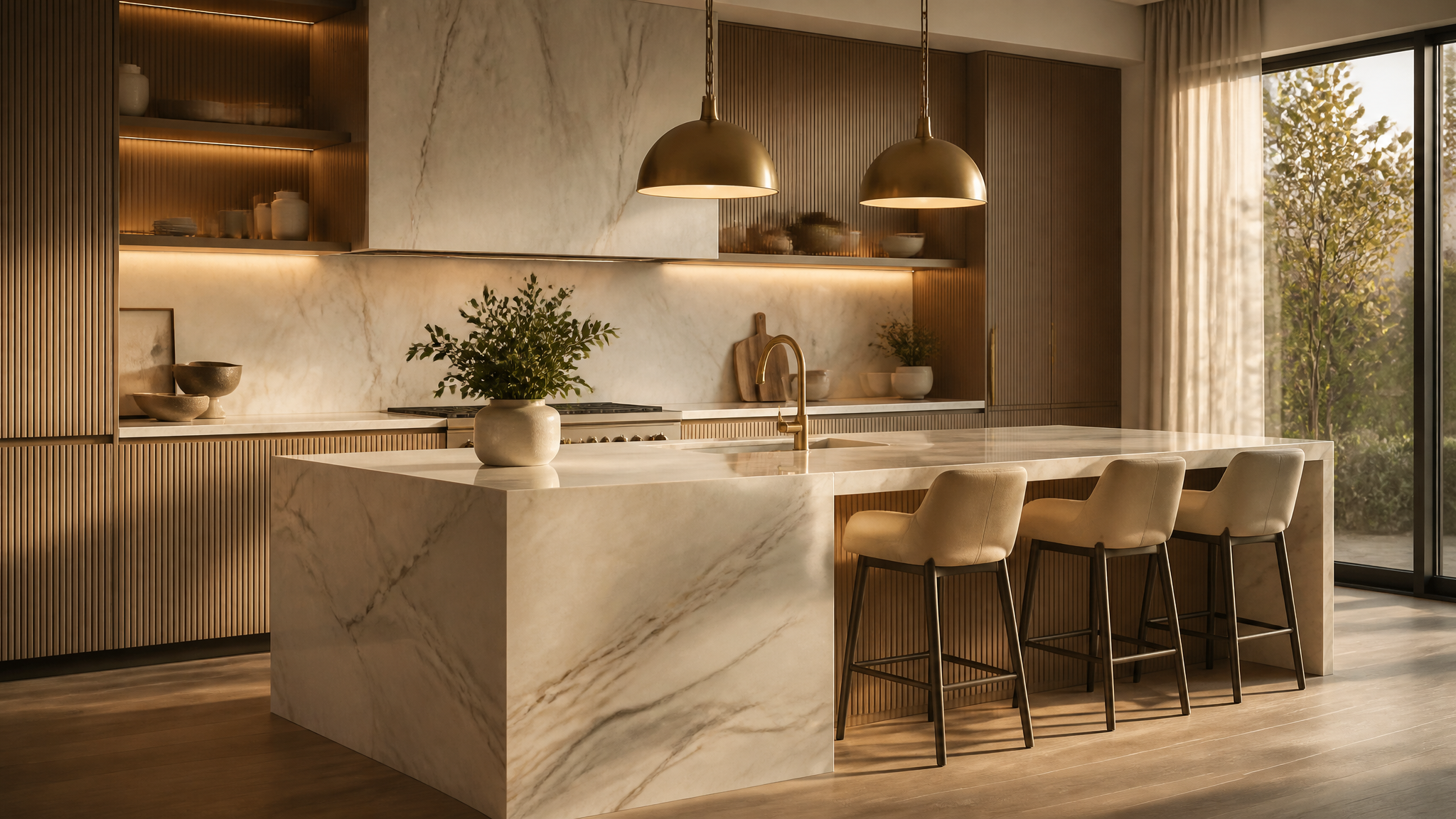 Luxury kitchen featuring EuroStone quartz island